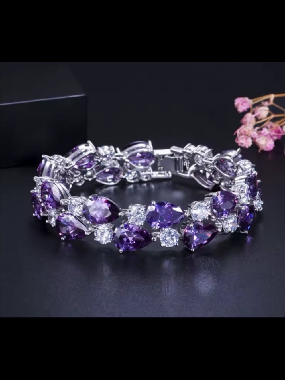 Lavender and clear tear drop crystals AAA zirconia rhodium plated bracelet